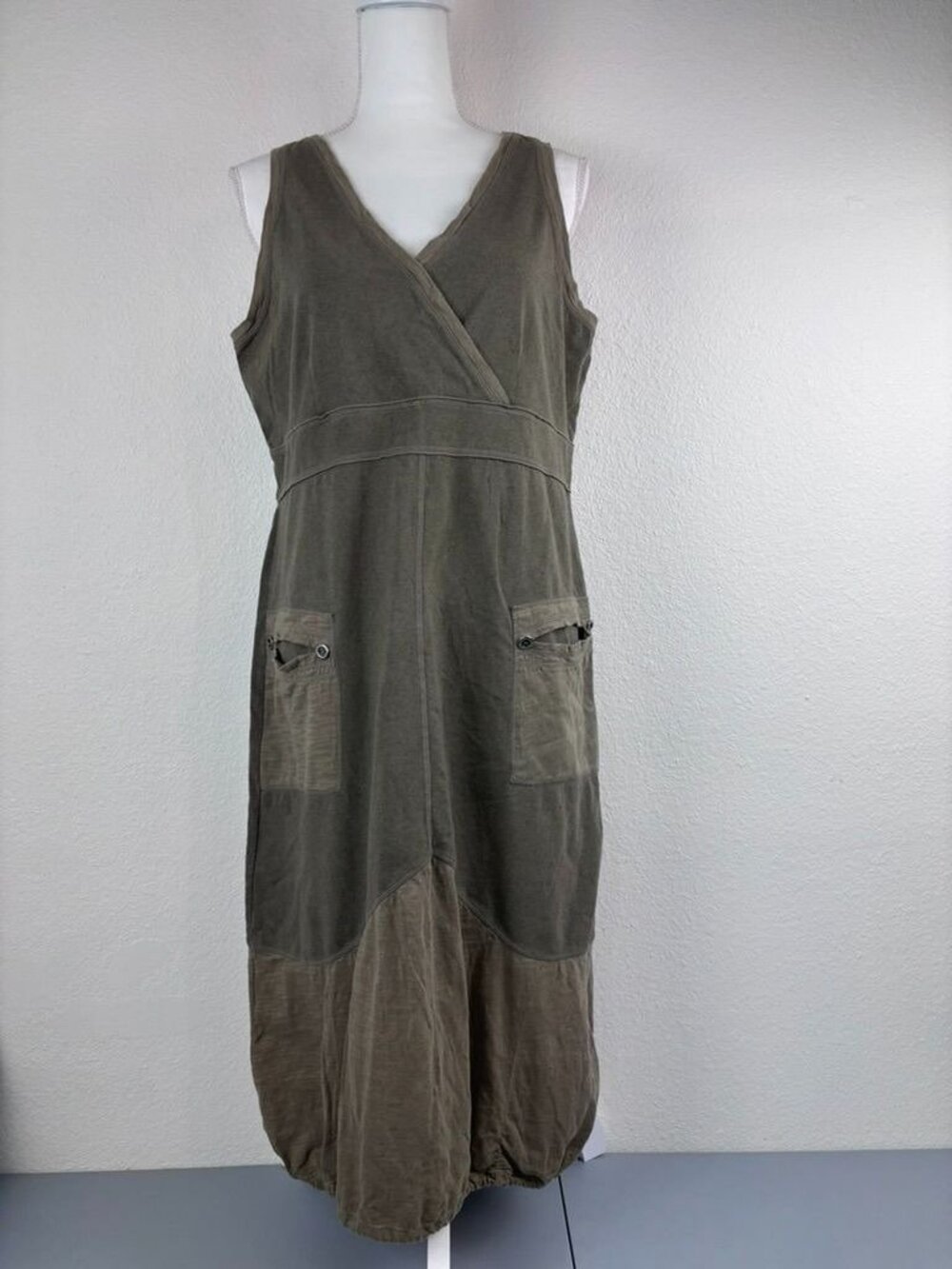 Neon Buddha Large green utility wrap style bubble hem midi dress lagenlook
